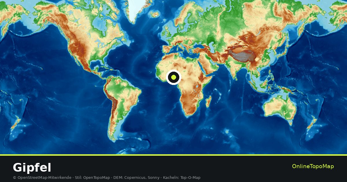Topographische Karte von Gipfel mit Höhenlinien und Geländeschattierung